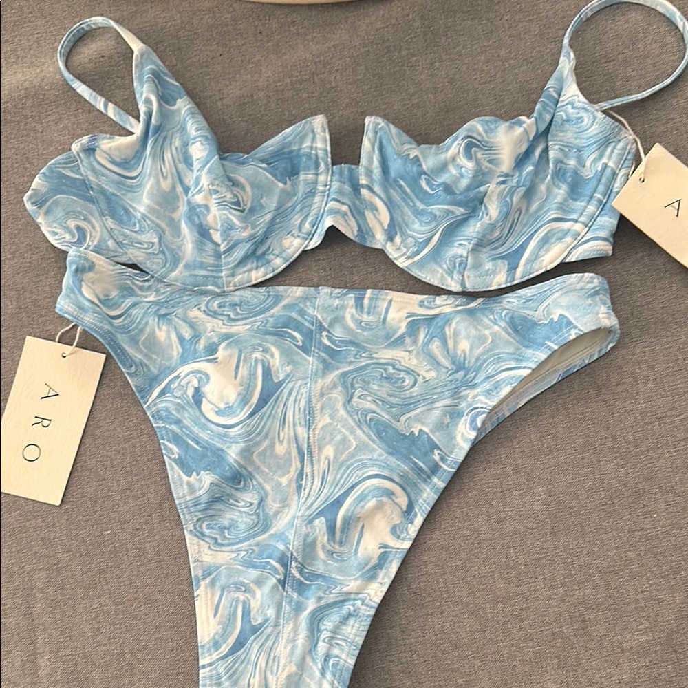 New with tags Aero Swim Blue and White Marble Bikini.  Cheeky bottoms